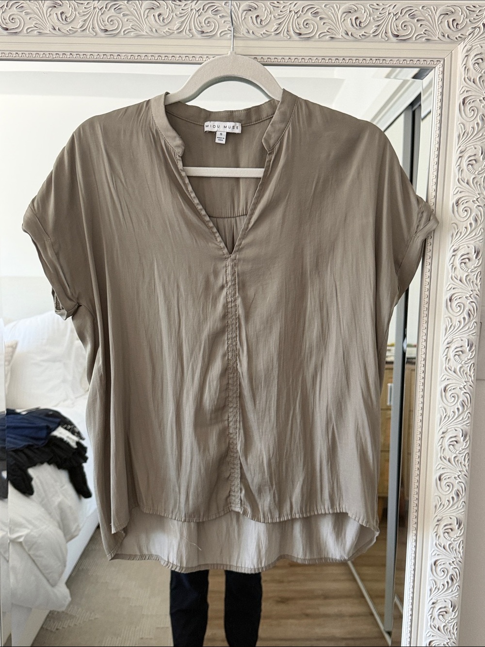 Satin Olive Short-Sleeve V-Neck Work Blouse